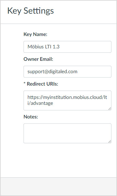 Canvas Key Settings menu with Key Name, Owner Email, Redirect URIs and Notes text fields.
